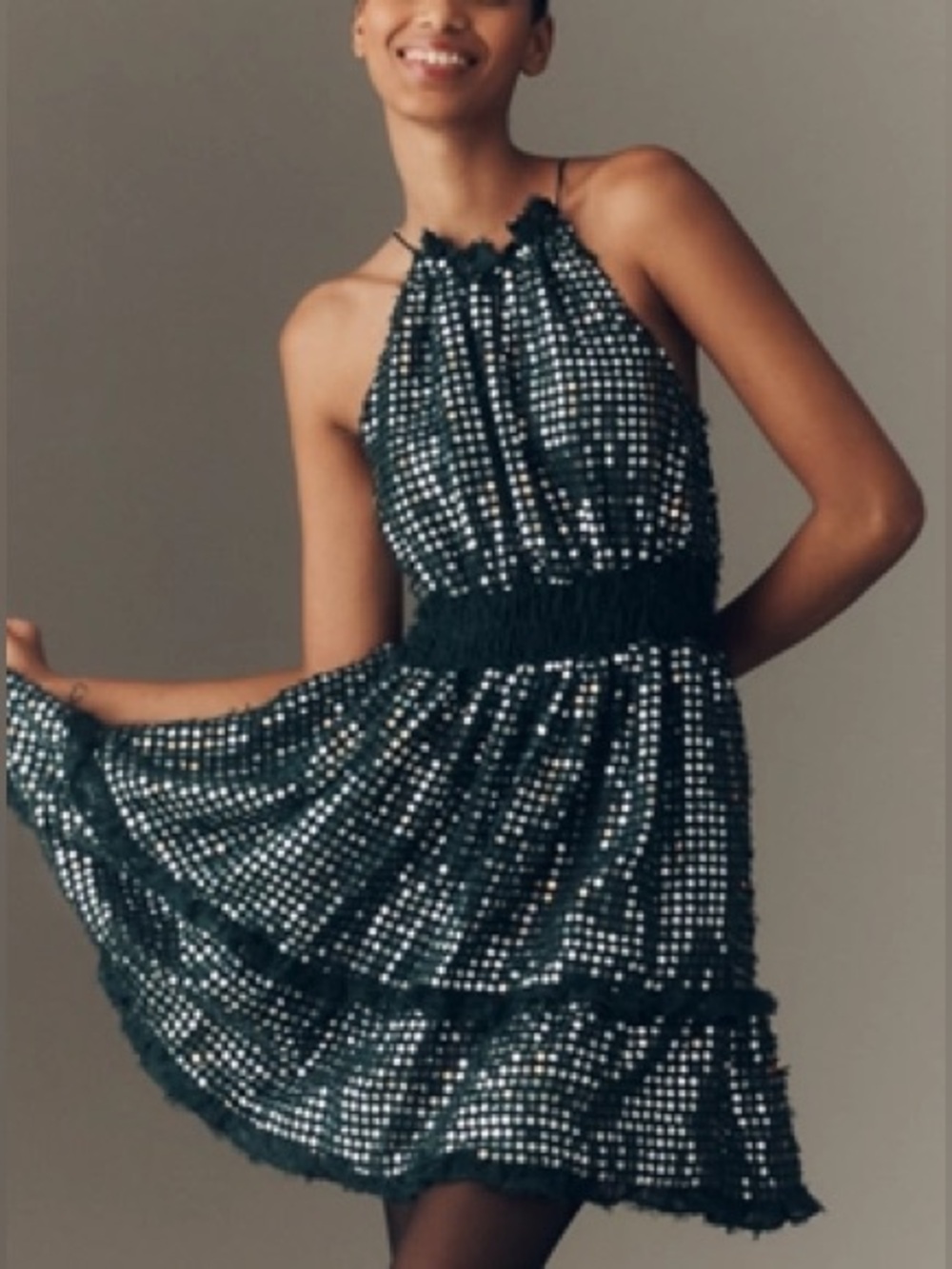 Anthropologie Somerset Halter Green Silver Floral Sequin Mini Dress
